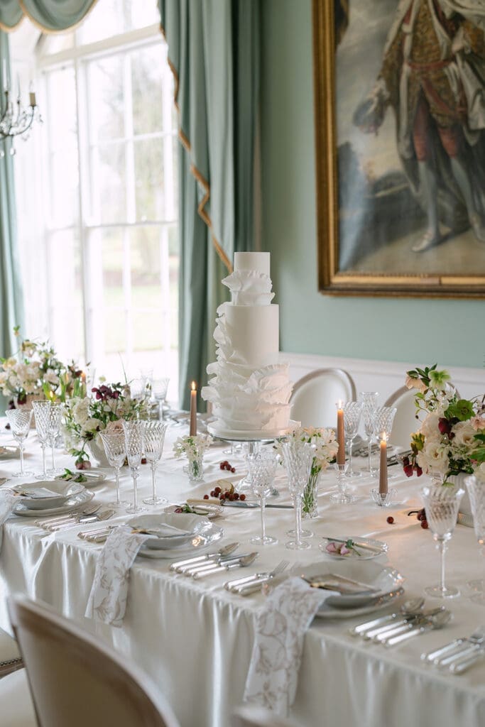 Styled wedding cake with multi tier cake at Birdsall House