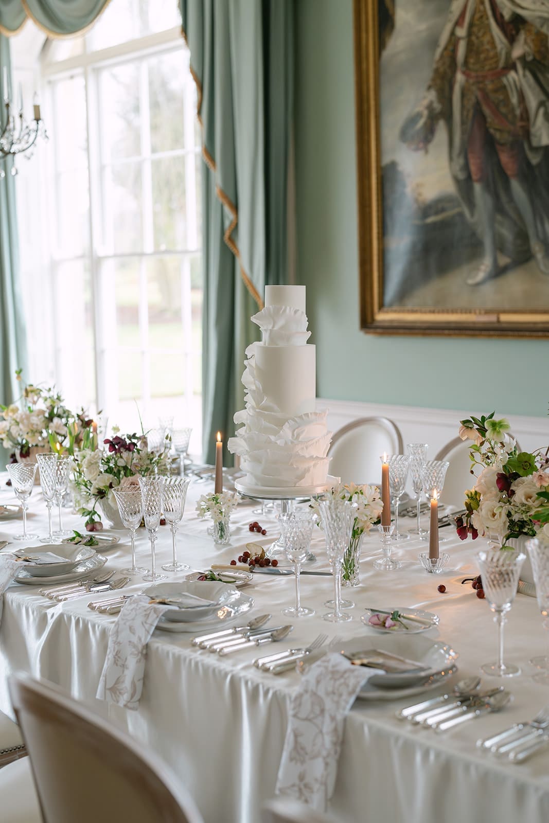 Styled wedding cake with multi tier cake at Birdsall House